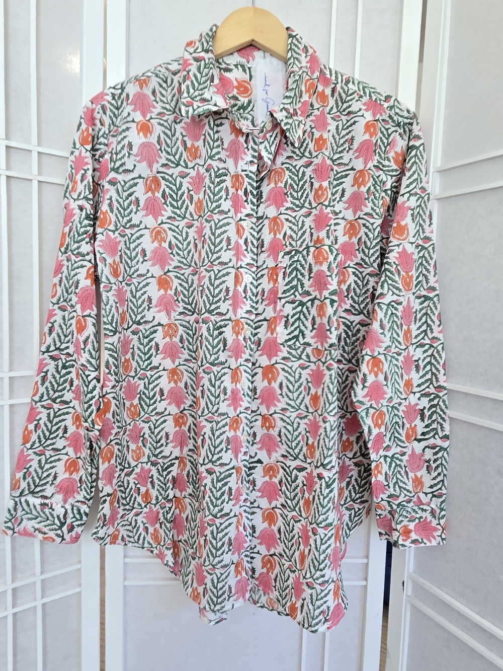 Floral Pink & White Button-up Women's Organic Cotton Shirt